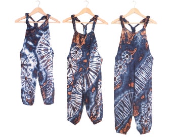 Kids' Romper Tie Dye Dungarees Indigo and White Children’s Overalls Age 3-4, 5-6, 7-8, 9-11, Hippie Onesie Comfy Unisex All in One