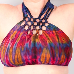 Top bikini typu halter z nadrukiem tie-dye w kratkę w stylu boho do jogi, fioletowo-różowo-pomarańczowy, farbowany ręcznie