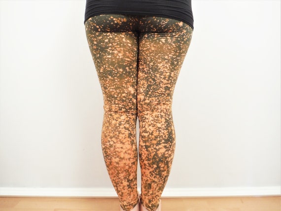 Galaxy Leggings Khaki Green Yoga Pants Bleach Dyed by Hand Women's