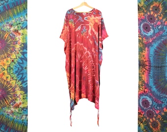 Long Summer Poncho Ruby Red Rainbow Tie Dye Boho Beach Cover Up Tunic Summer Holiday Dress Top Festival Kaftan by Bare Canvas