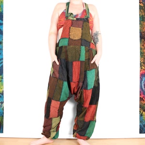 Patchwork Harem Dungarees Green Red and Brown Cotton Festival Jumpsuit Romper Onesie with Pockets