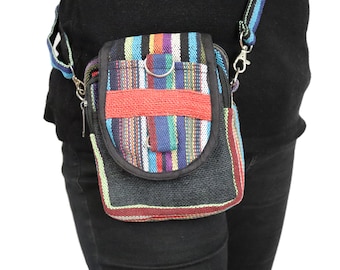 Small Shoulder / Hip / Belt Bag Tribal Fabric Passport Bag Unisex Hemp and Cotton Adjustable Strap Zip Pouch