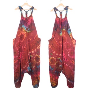 Tie Dye Jumpsuit Harem Bottom Festival Dungarees Ruby Red Romper Onesie Hippy Overalls Baggy Comfy Unisex