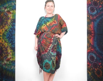 Long Summer Poncho Charcoal Grey and Rainbow Tie Dye Boho Beach Cover Up Tunic Summer Holiday Dress Top Festival Kaftan by Bare Canvas