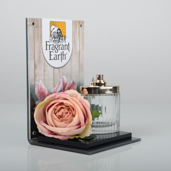 Perfume Stand Premium Perspex With Branding Panel Made in the UK