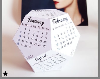 Printable Calendar 2024, Desk Calendar Block, Office Decor for Employees, Dodecahedron Calendar PDF, Teacher Student Gift, Cubicle Accessory