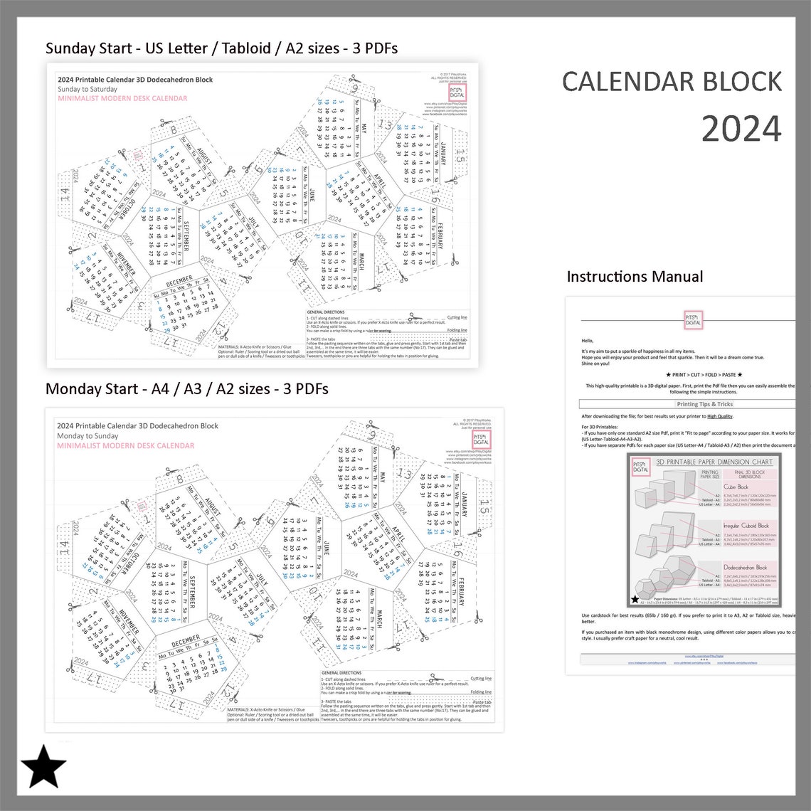 Printable Calendar 2024, Dodecahedron Desk Calendar, Modern Calendar