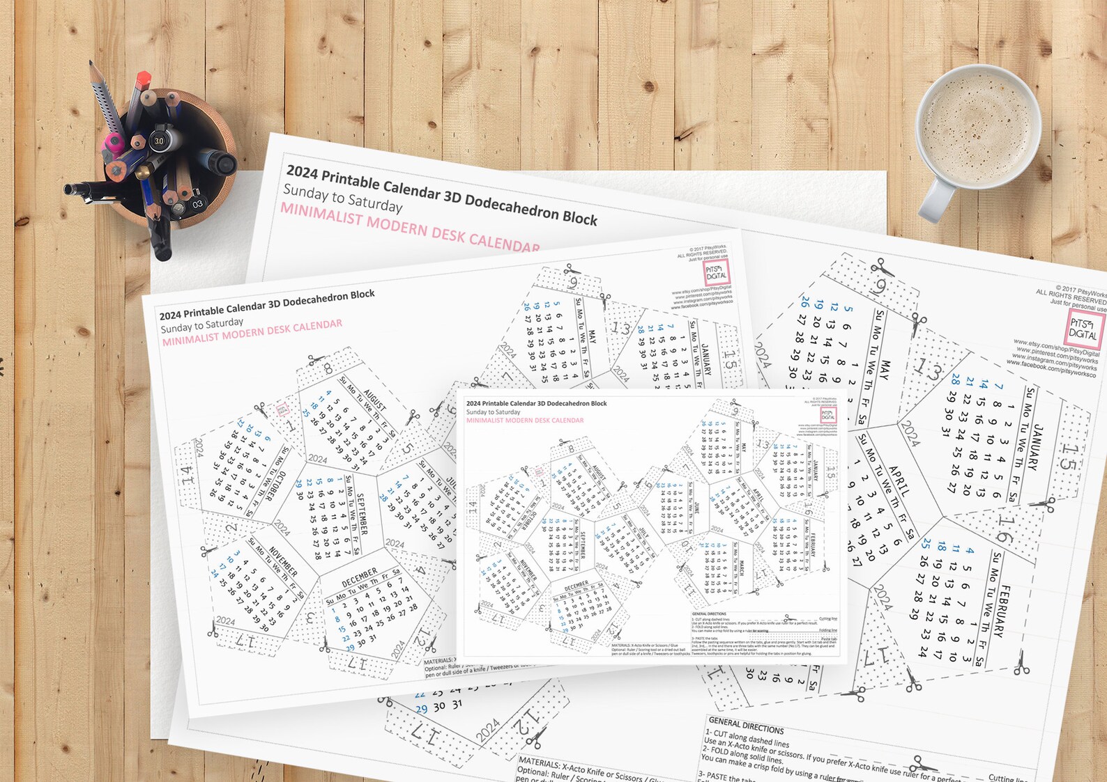 Printable Calendar 2024 Dodecahedron Desk Calendar Modern Etsy