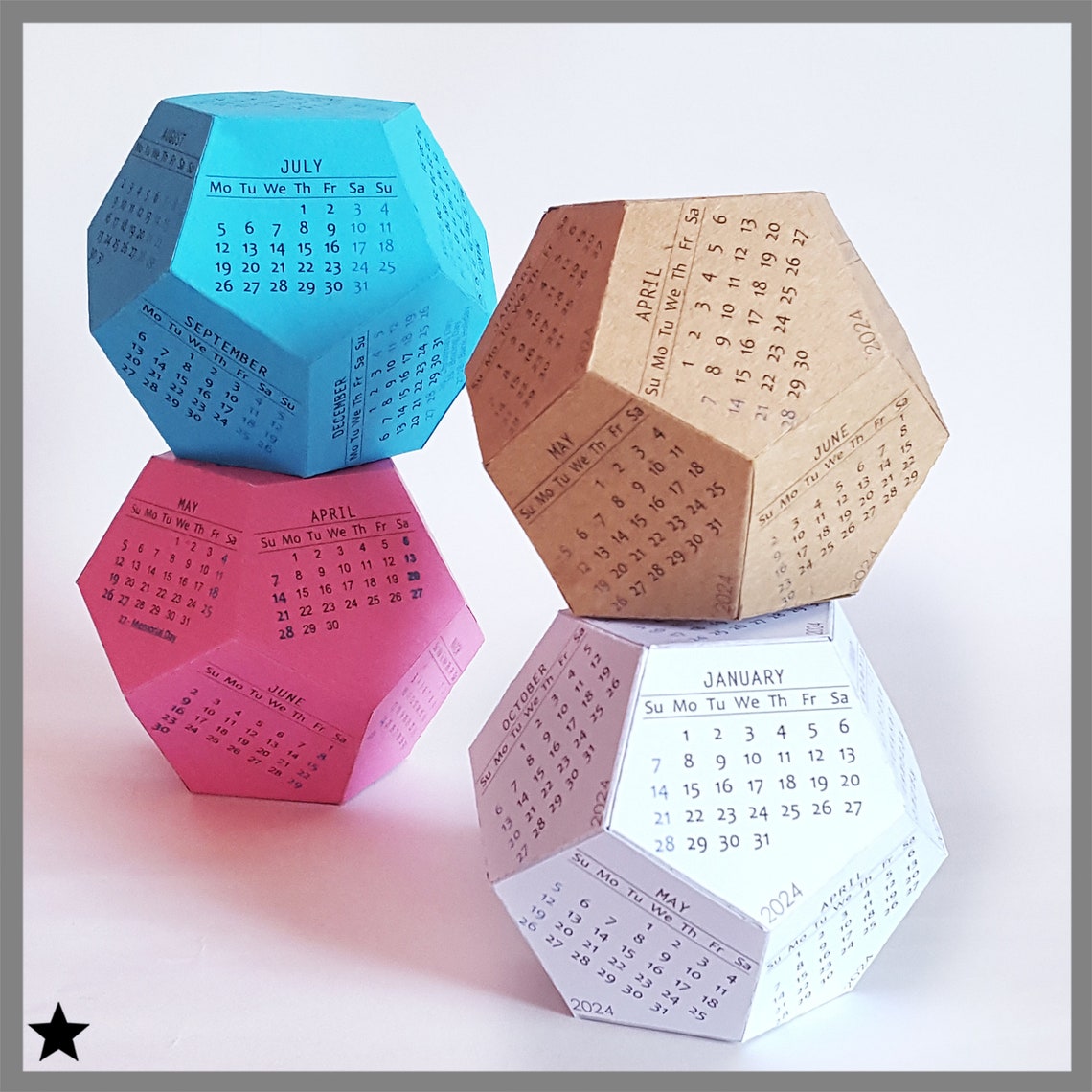Printable Calendar 2024, Dodecahedron Desk Calendar, Modern Calendar