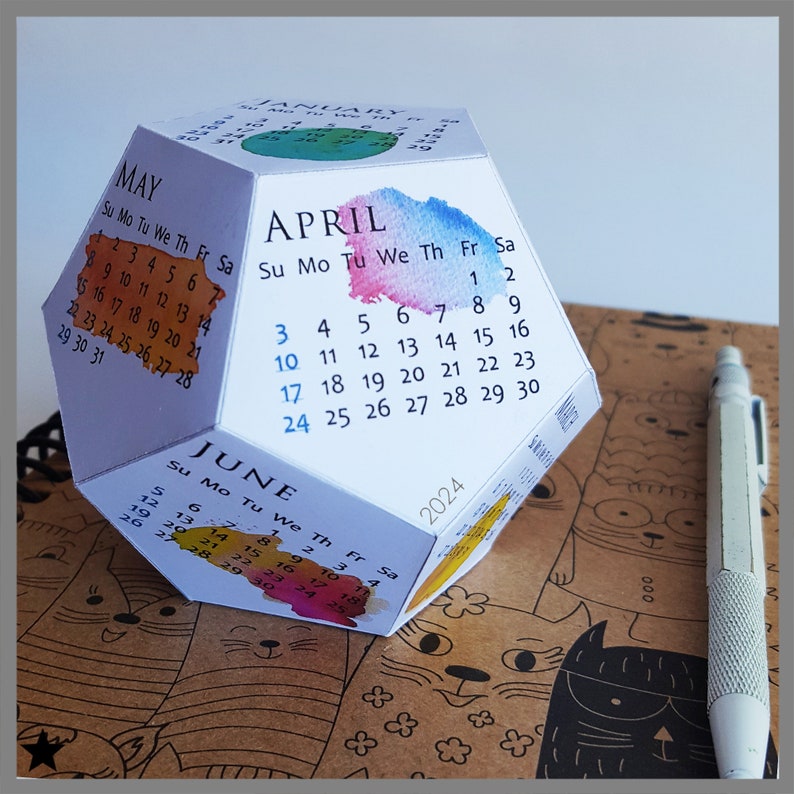 Printable Calendar 2024, Watercolor Desk Calendar, 3D Papercraft Block