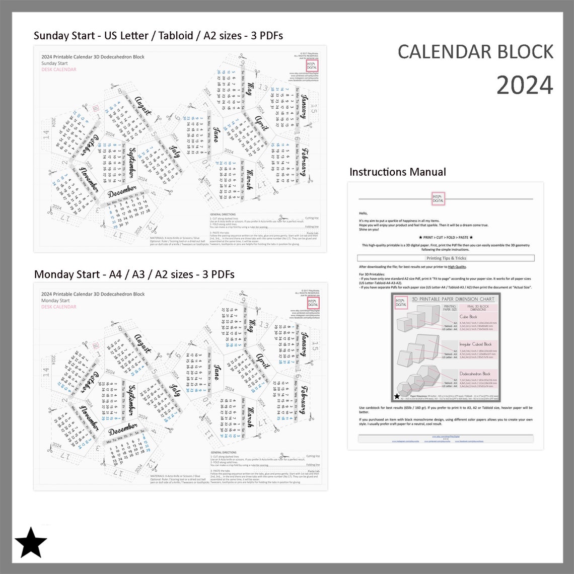 Printable Calendar 2024, Desk Calendar Block, Office Decor for