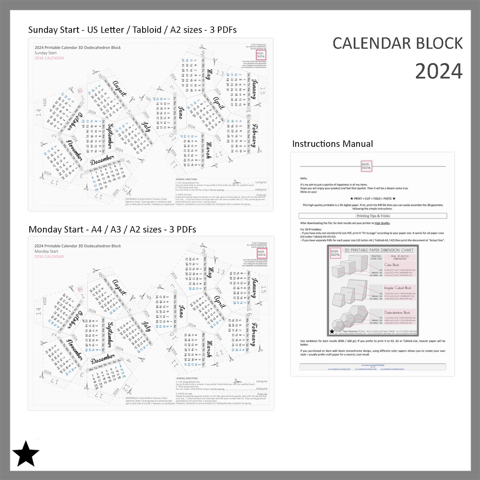 Printable Calendar 2024, Desk Calendar Block, Office Decor for