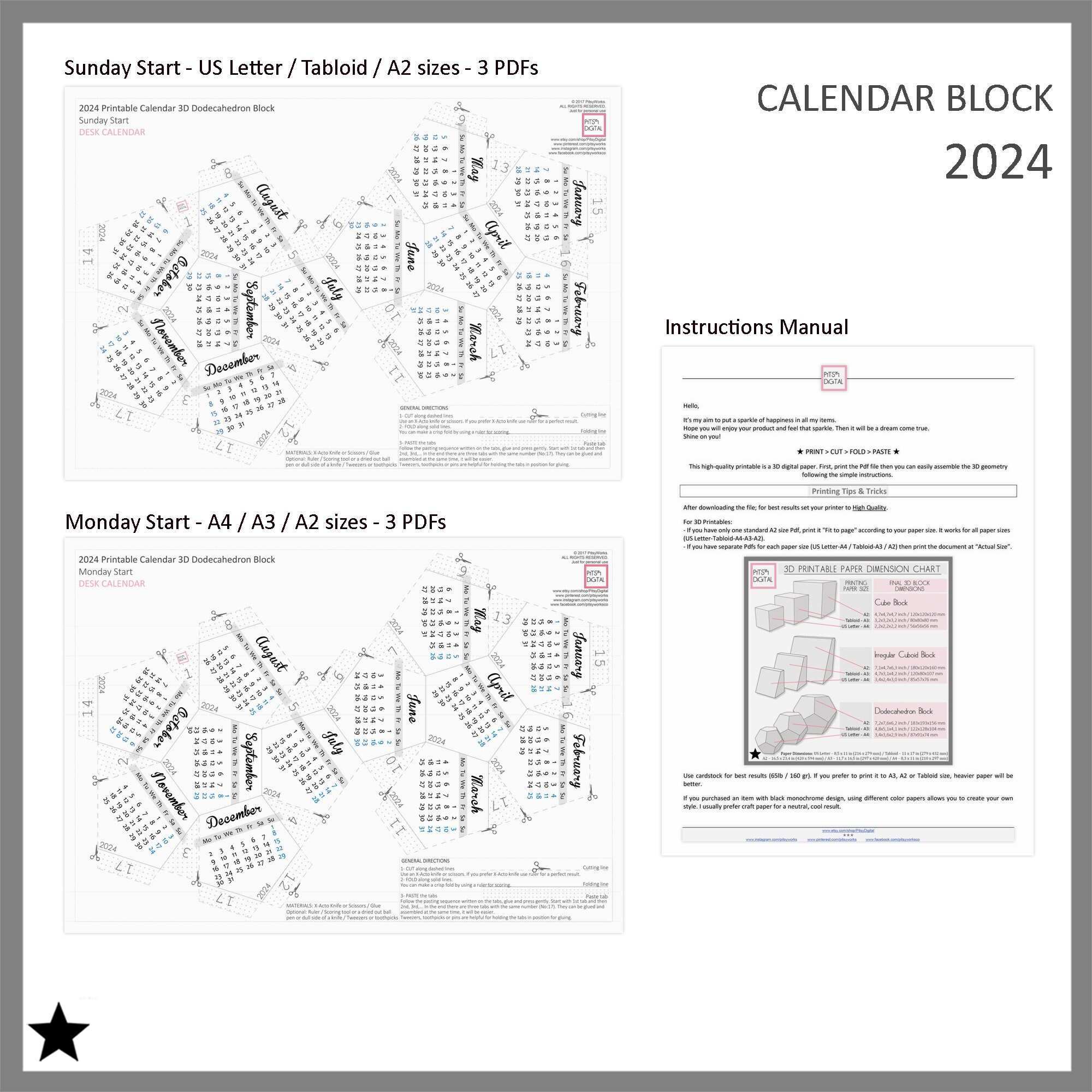 Printable Calendar 2024, Desk Calendar Block, Office Decor for