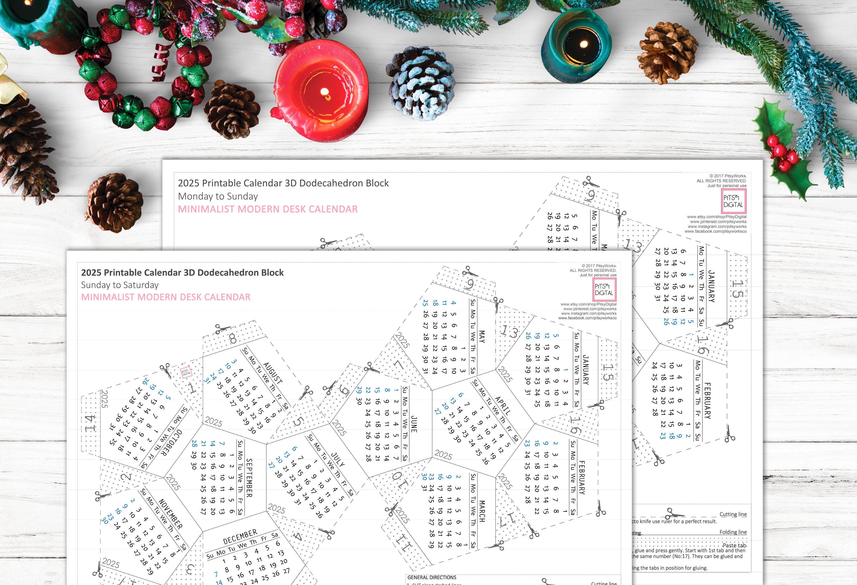 Printable Calendar 2025, Dodecahedron Desk Calendar, Modern Calendar Block, Cubicle Accessory