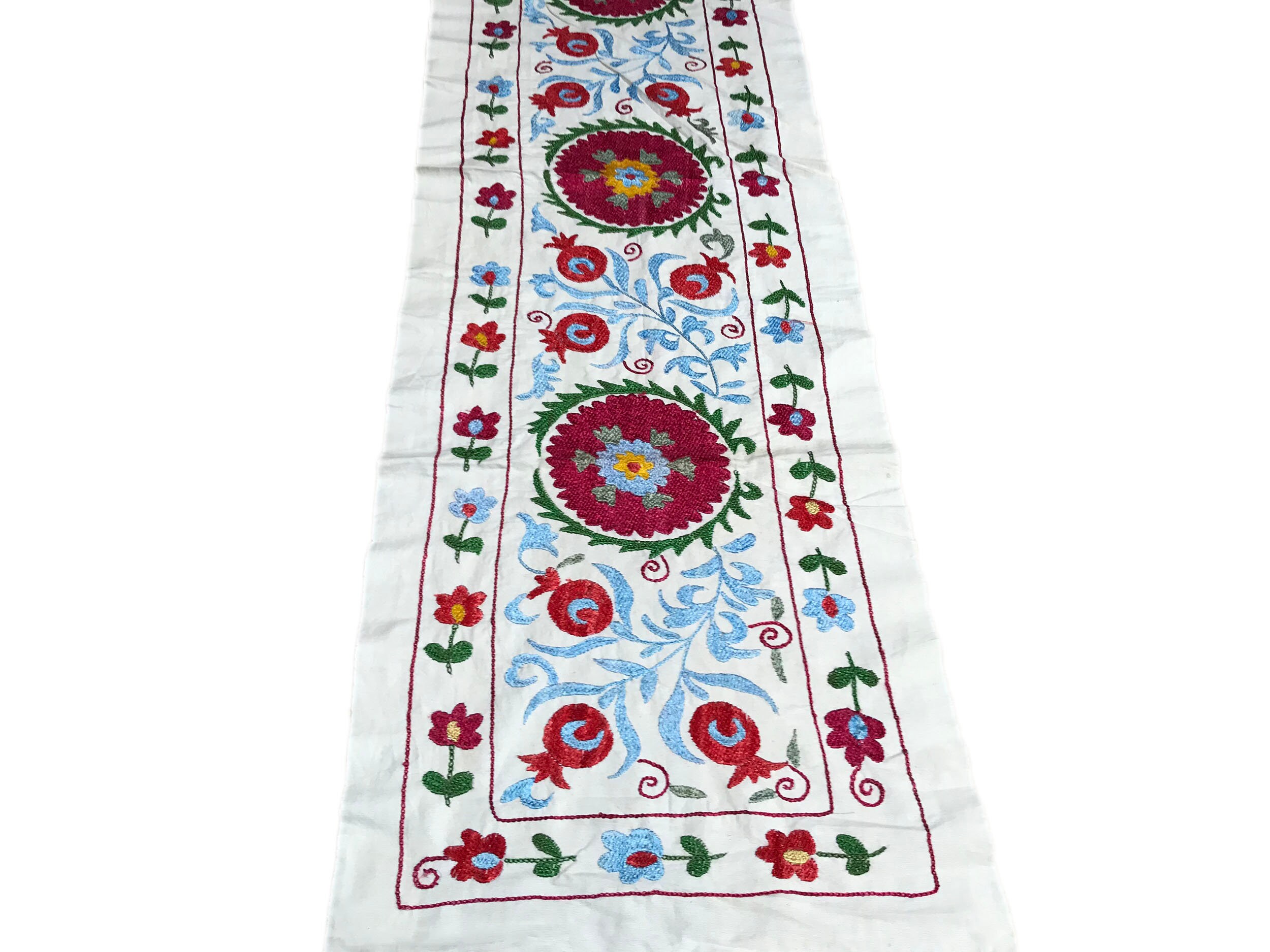 Silk Embroidered Table Runner With Flower Design, Hand Made Table