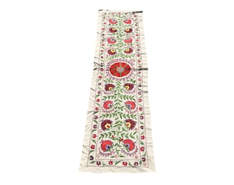 Floral Crochet Table Runner: Vintage Suzani Tapestry Wall Decor