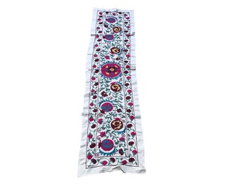 Vintage Suzani Table Runner: Handmade Embroidered Floral Tapestry