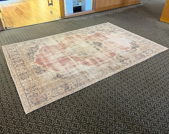 Handmade Oversized Oushak Rug: Neutral Turkish Medallion Carpet (7x10)