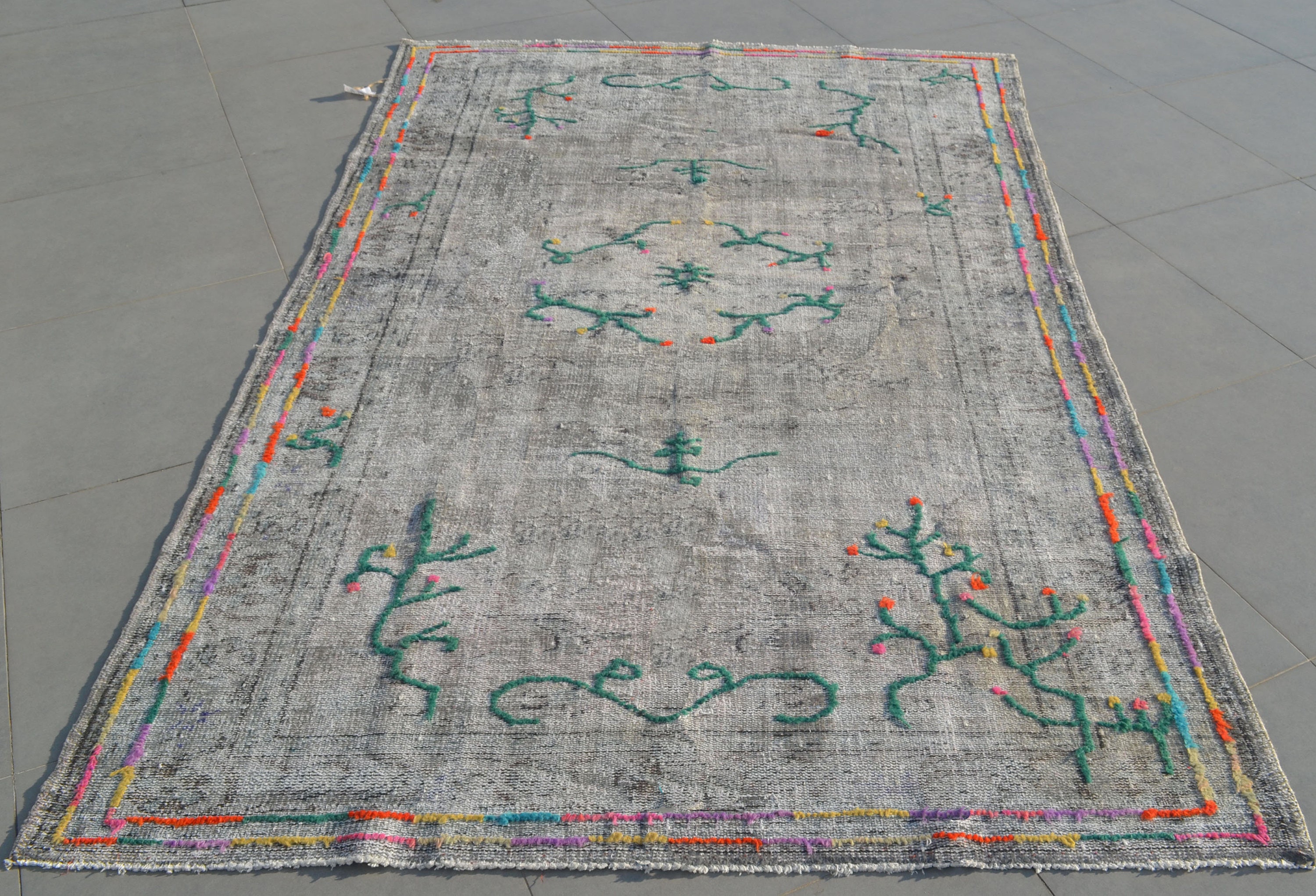 Gray POMPOM Rug MUTED Grey Rug Overdyed Rug Turkish Etsy