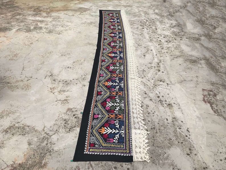 Boho Suzani Wall Hanging Antique Wall Decor 2x13 Feet LONG Suzani Fabric With Special Tassel Vintage Suzani Table Runner OLD Suzanis