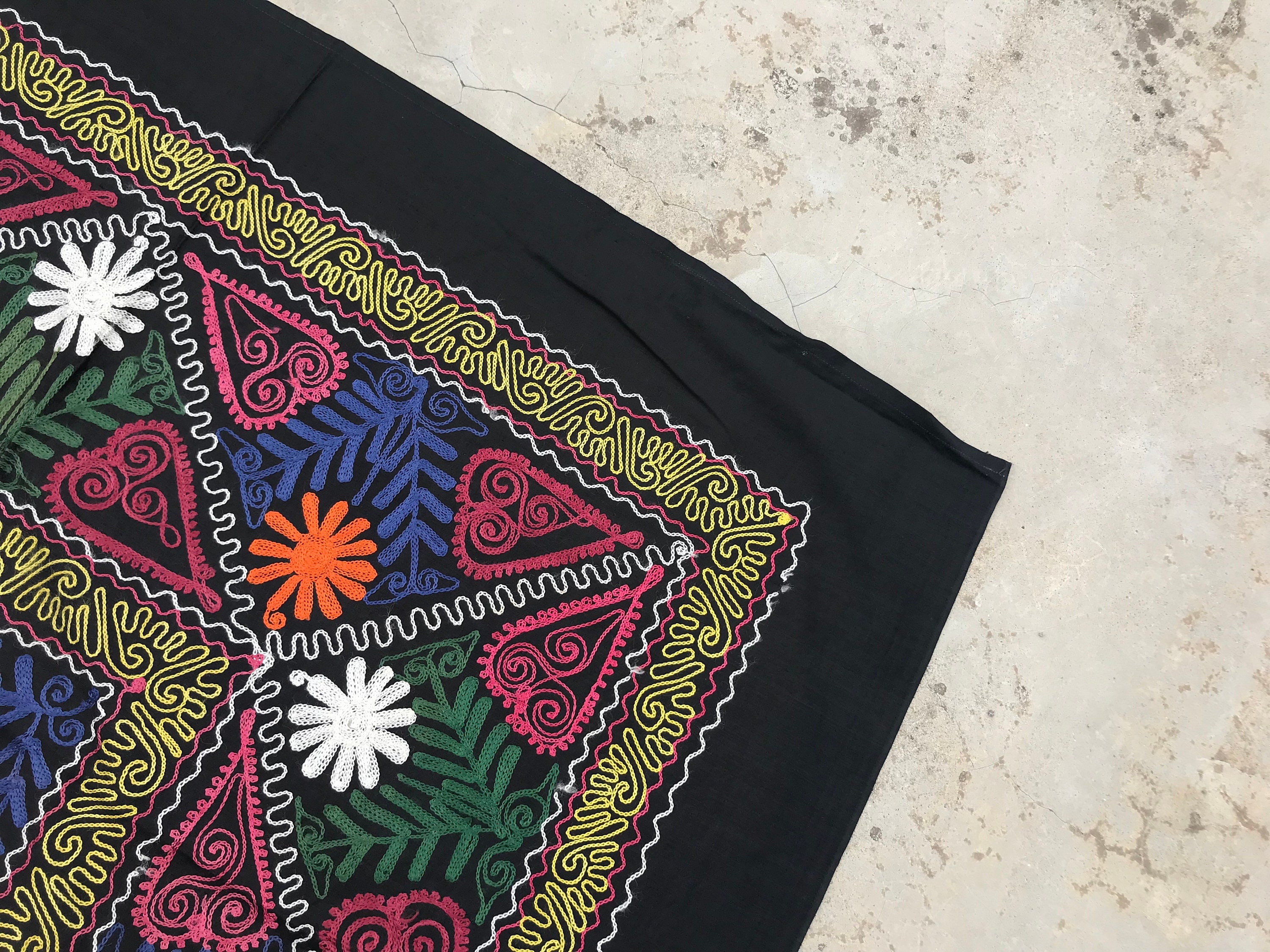 Vintage Fabric / Machine Embroidery Table Cover / Colorful Etsy