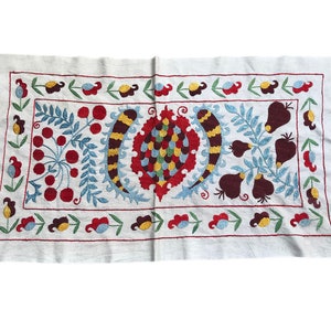 Boho Table Decor, Small Table Runner, Floral Silk Fabrics, Suzani Tablecloth, Decorative Wall Hanging Art, Handmade Headboard, Tapestry