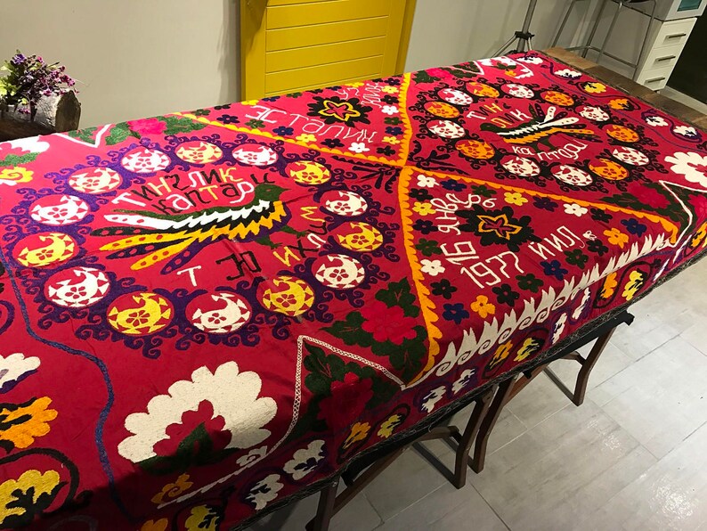 PEACEMAKER Birds and Flowers Handmade Colorful Suzani Bedspread Table Cover Vintage Blanket Suzani Fabric Wall Hanging 222cm x 155cm
