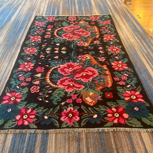 Handmade KARABAG Kilim Rug - Decorative Area Kilim Carpet, Vintage KARABAG Kilim Rug - Floral Rug - Turkish Kelim Rug with FLOWER Design