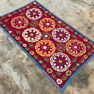 Multicolor VINTAGE SUZANI Red And Green - Perfect Natural Colors -  Suzani Tablecloth - Wall HANGING - Old Suzani Fabric - Antique Bed Cover