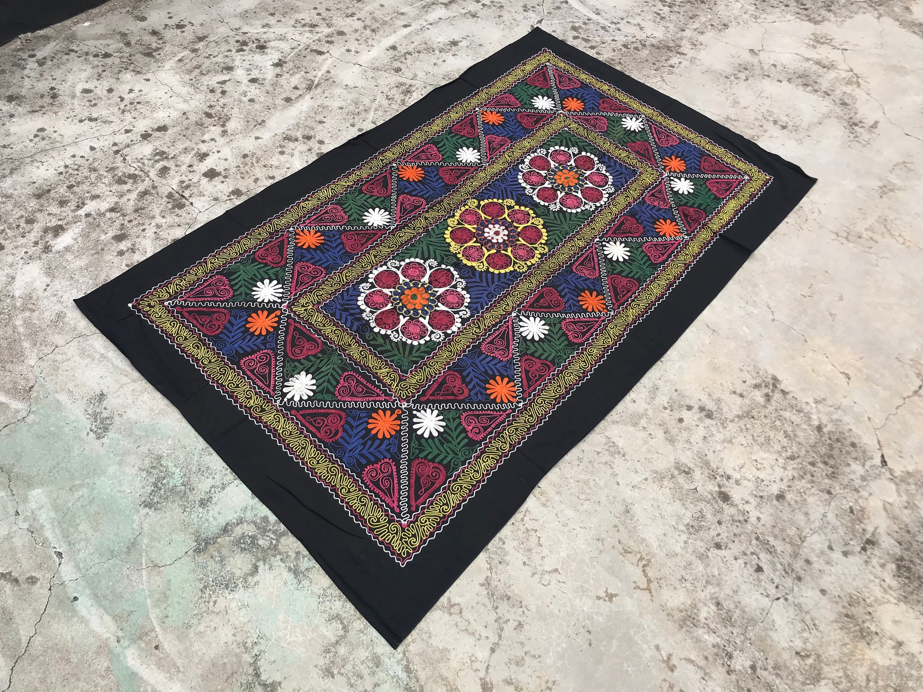 Vintage Fabric / Machine Embroidery Table Cover / Colorful Etsy