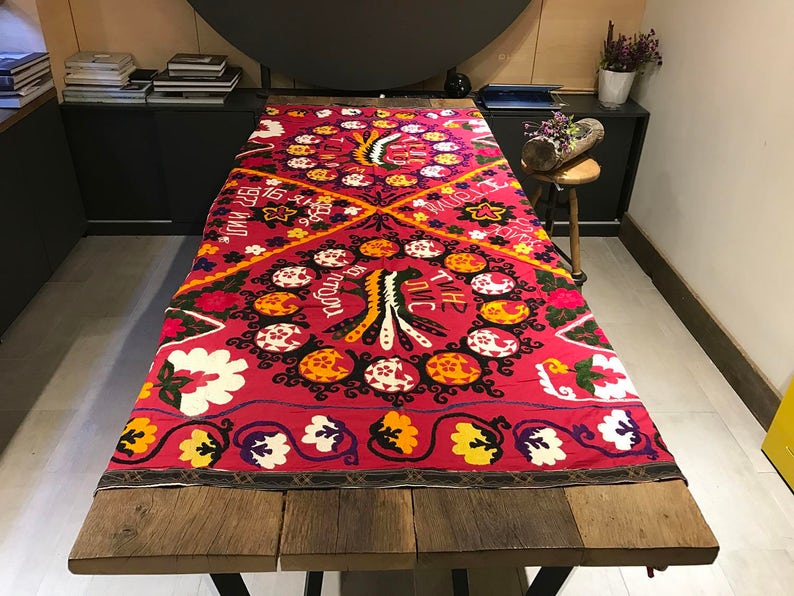 PEACEMAKER Birds and Flowers Handmade Colorful Suzani Bedspread Table Cover Vintage Blanket Suzani Fabric Wall Hanging 222cm x 155cm