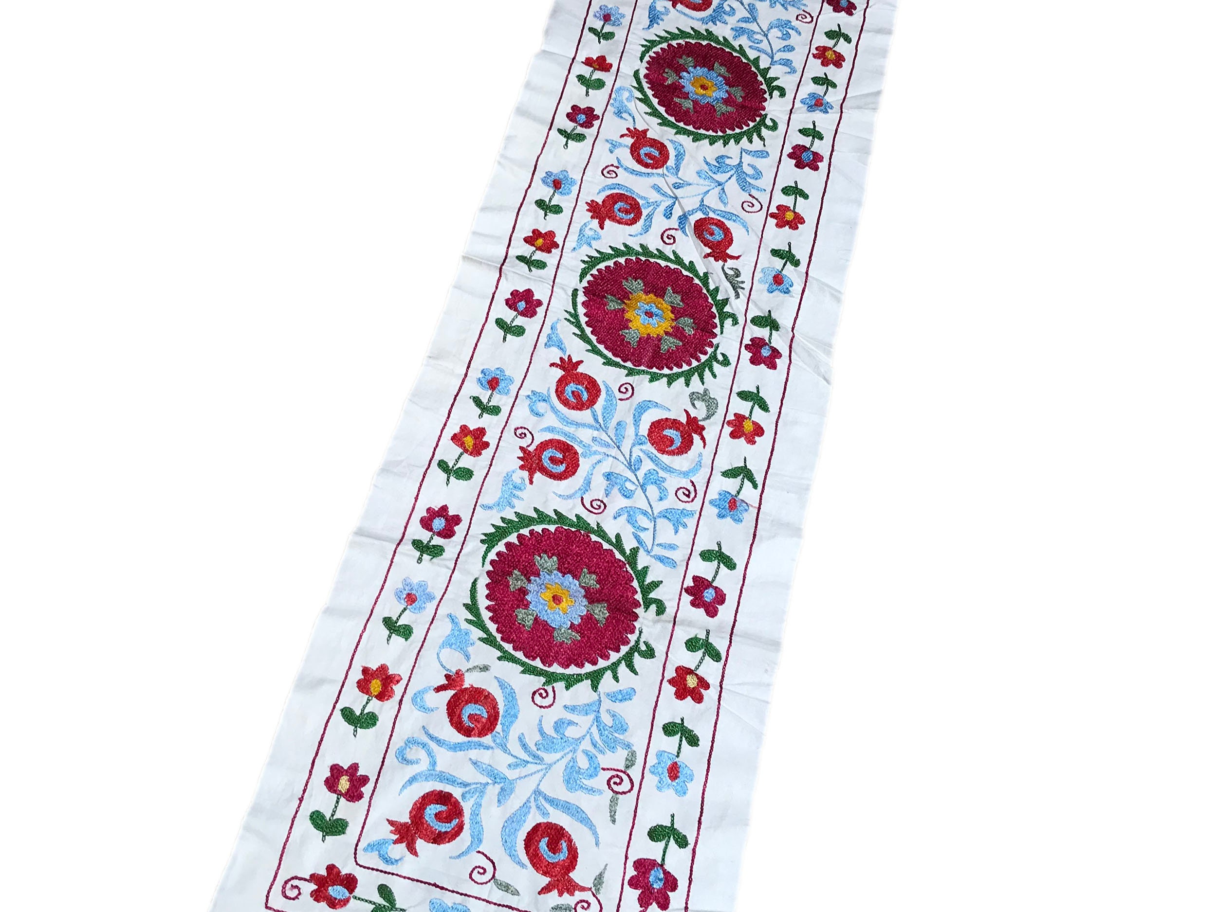 Silk Embroidered Table Runner With Flower Design, Hand Made Table