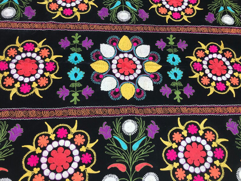 Colorful Suzani Fabric / Vintage Machine Embroidery Table Cover
