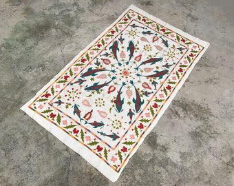 Fish Design Vintage Suzani Table Runner, Silk & Cotton, Handmade