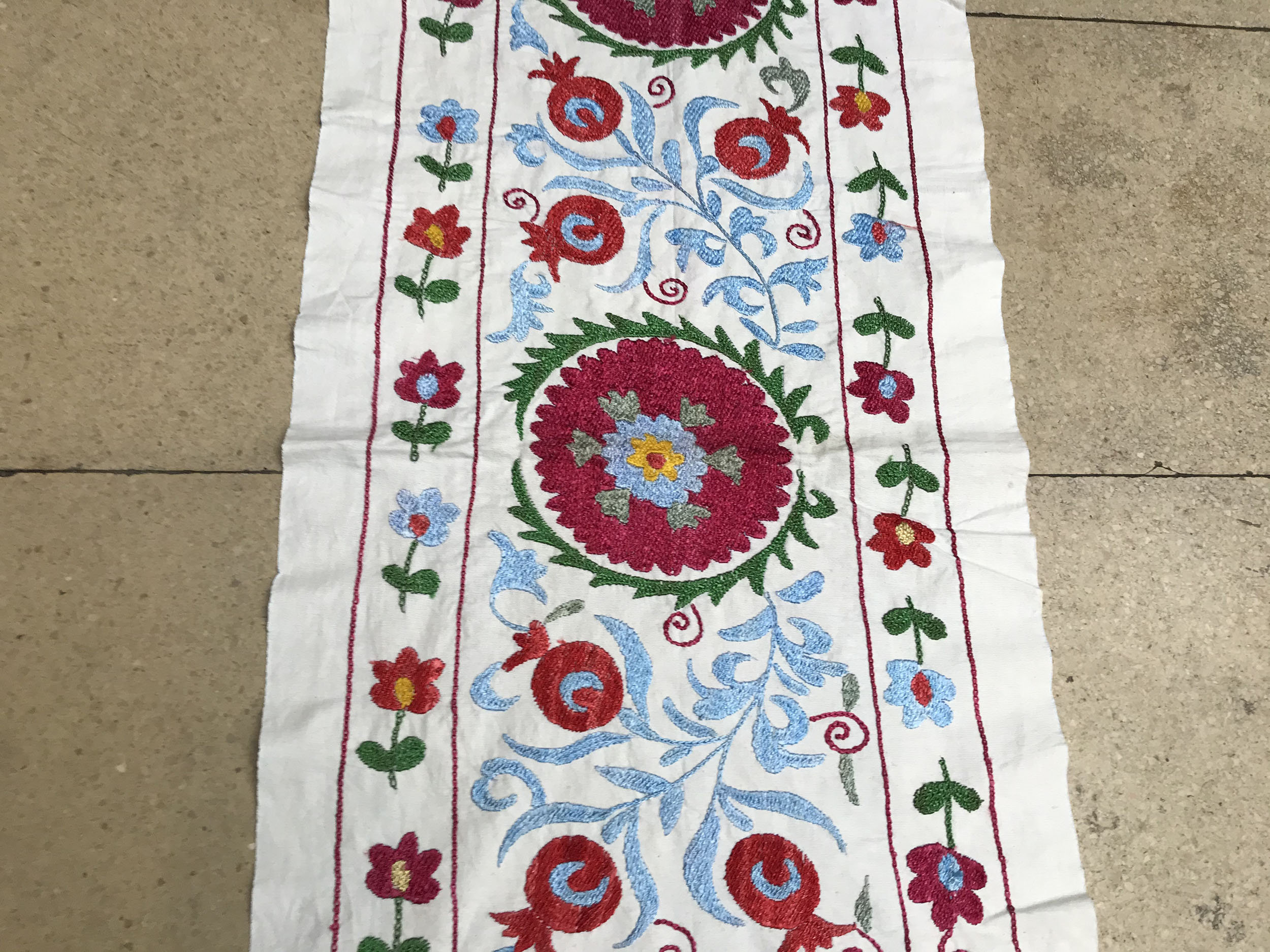 Silk Embroidered Table Runner With Flower Design, Hand Made Table