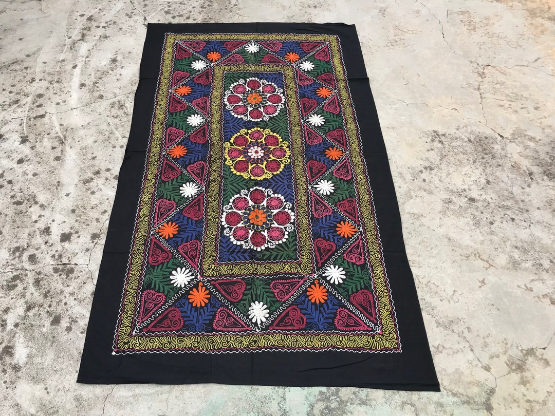 Vintage Fabric / Machine Embroidery Table Cover / Colorful Etsy