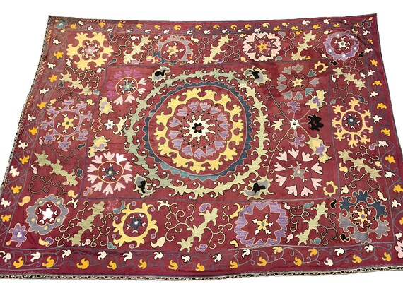 PEACEMAKER Birds and Flowers Handmade Colorful Suzani Bedspread Table Cover Vintage Blanket Suzani Fabric Wall Hanging 222cm x 155cm