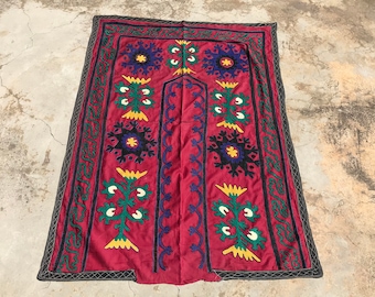 Antique Red Suzani Table Cover – Handmade Floral Textile Wall Hanging