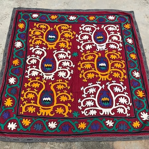 Square Suzani -  Handmade OLD Suzani Blanket / Table Cloth Suzani - Wall HANGING - Antique Suzani - Fabric Table Cover - Vintage Bed Cover