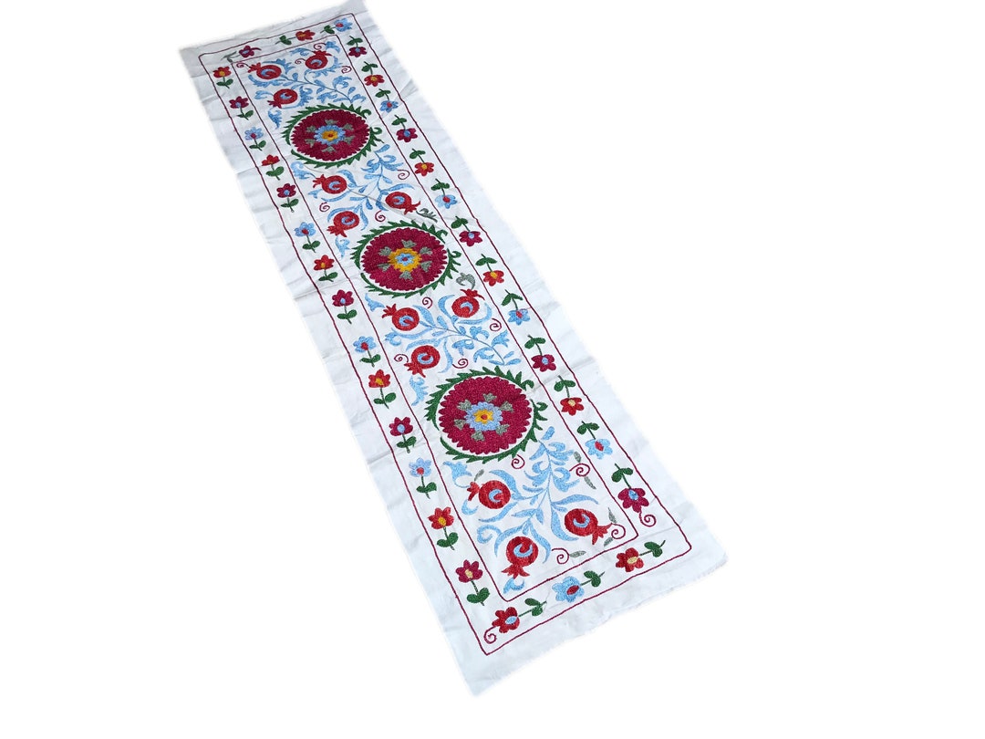 Silk Embroidered Table Runner With Flower Design, Hand Made Table