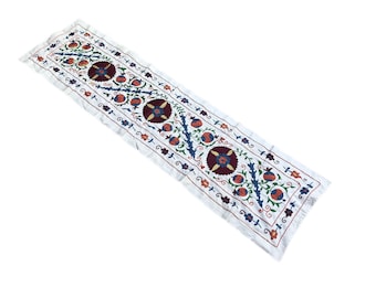 Vintage Uzbek Suzani Table Runner: Floral Boho Tapestry (1.5 FT x 5.9 FT)