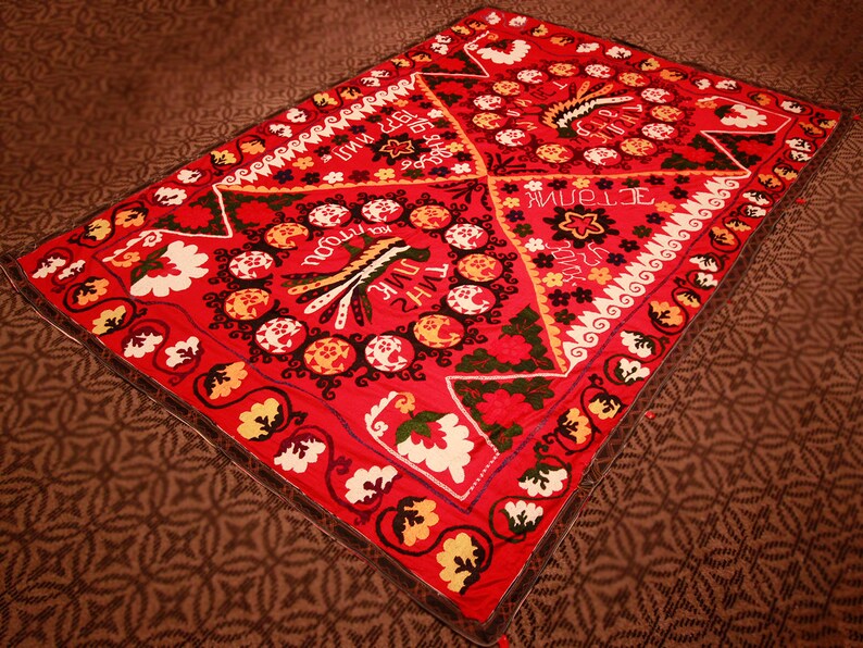 PEACEMAKER Birds and Flowers Handmade Colorful Suzani Bedspread Table Cover Vintage Blanket Suzani Fabric Wall Hanging 222cm x 155cm