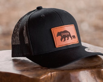 Papa Bear Leather Patch Hat | Trucker Style Leather Patch Cap | Father's Day Hat | Custom Leather Patch Hat