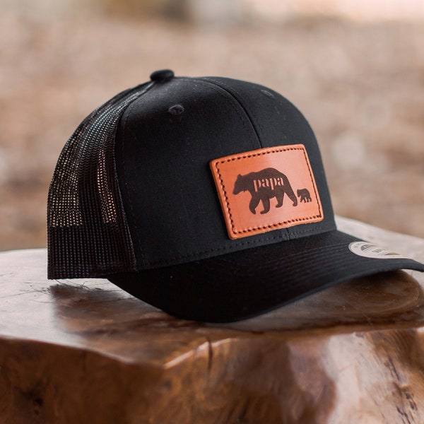 Papa Bär Leder Patch Mütze | Trucker Style Leder Patch Cap | Vatertagsmütze | Benutzerdefinierte Leder Patch Hut