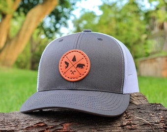 ADVENTURE Leather Patch HAT | Leather Patch Snapback Cap | Outdoorsman Leather Patch Hat