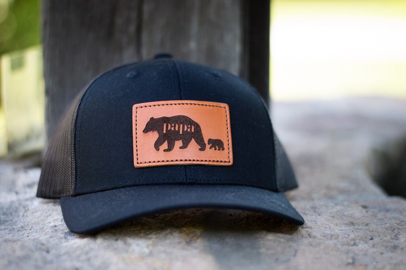 Papa Bear Leather Patch Hat Trucker Style Leather Patch Cap Father's Day Hat Custom Leather Patch Hat image 4