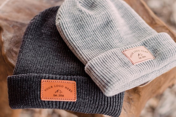 Custom Leather Patch Beanies Ribbed 