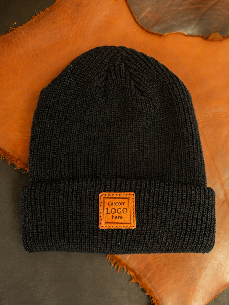 Custom Leather Patch Beanies Ribbed Cuffed Knit Beanie Etsy