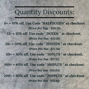 May include: A chart showing quantity discounts for hats. The chart lists the number of hats purchased, the discount percentage, the discount code to use at checkout, and the price per hat after the discount is applied.