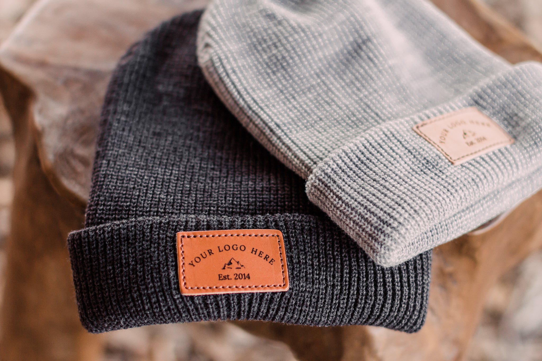 Cole Haan Cable Knit Beanie Soft Grey Cuffed Hat Leather Logo Patch NWT OG Logo - Leather Patch Beanie – Foundry Fishing main image 2